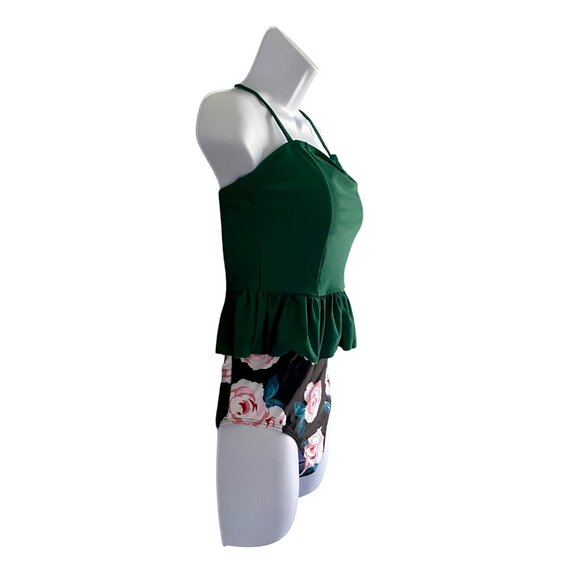 Two Piece Floral Swimsuit Green Peplum Top High-Waisted Rose Print Bottom M NEW - Picture 7 of 9